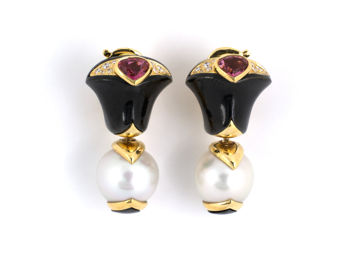 53288 - Circa 1987 Marina B Gold Onyx Pink Tourmaline Pearl Diamond Earrings