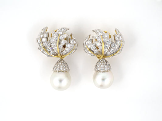 53391 - SOLD - Platinum Gold Diamond Pearl Leaf Earrings