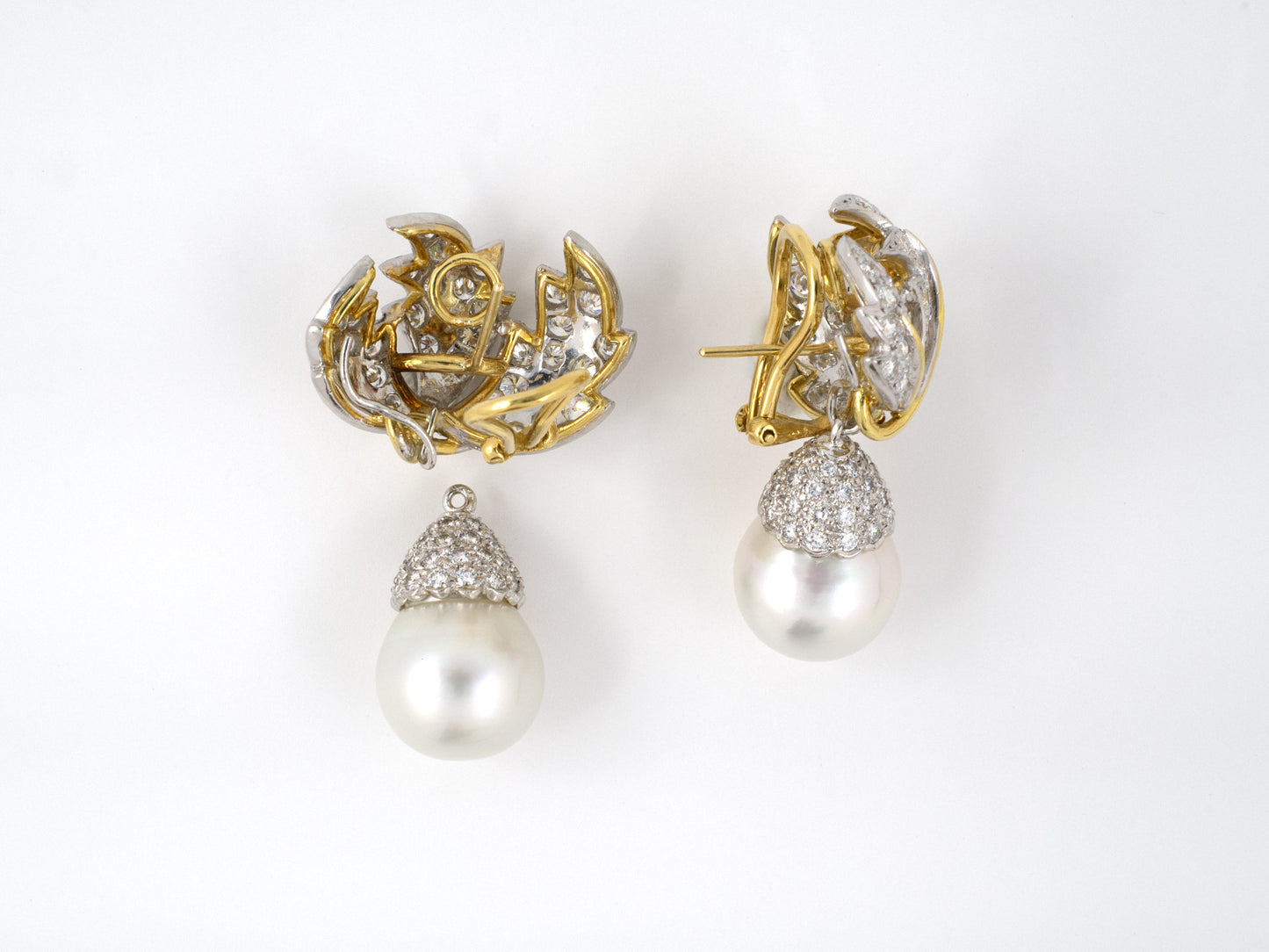 53391 - SOLD - Platinum Gold Diamond Pearl Leaf Earrings