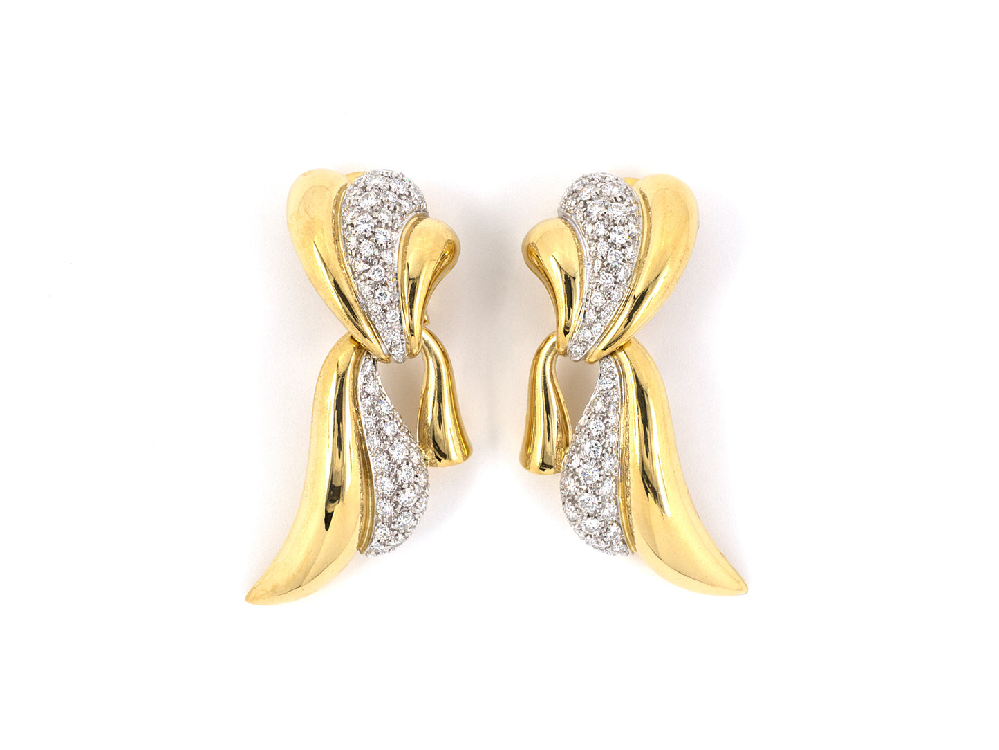 53451 - Circa 1980s Gold Diamond Ribbon Drop Earrings
