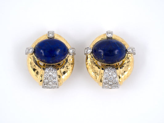 53468 - Circa 1980 Gold Lapis Pave Diamond Oval Earrings