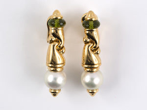 53490 - SOLD - Bulgari Passo Doppio Gold Pearl Peridot Drop Dangle Earrings