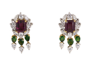 53491 - Circa 1982 Gold Platinum Rhodolite Garnet Diamond Tourmaline Cluster Dangle Earrings