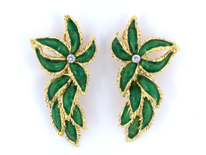 53507 - SOLD - Circa 1970s Tiffany Gold Platinum Diamond Enamel Floral Leaf Earrings