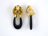 53517 - SOLD - Gold Diamond Black Onyx Lion Head Earrings