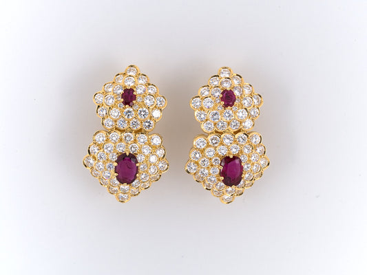 53536 - SOLD - Circa1989 Hammerman Bros Gold Ruby Diamond Cluster Drop Earrings