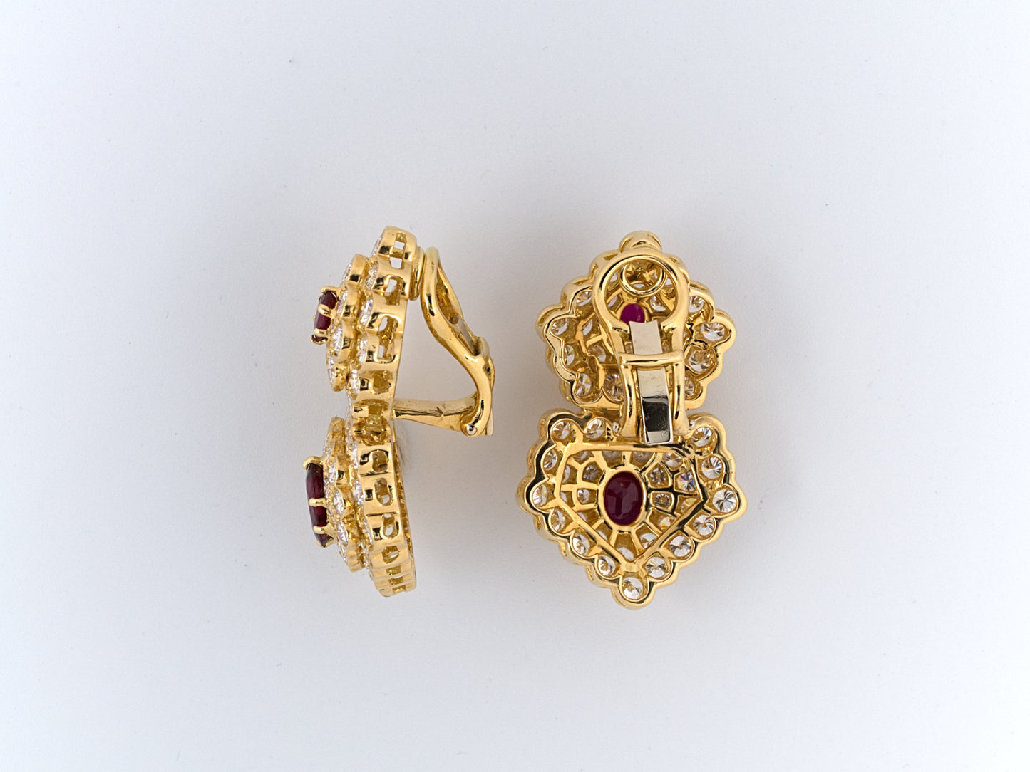 53536 - SOLD - Circa1989 Hammerman Bros Gold Ruby Diamond Cluster Drop Earrings