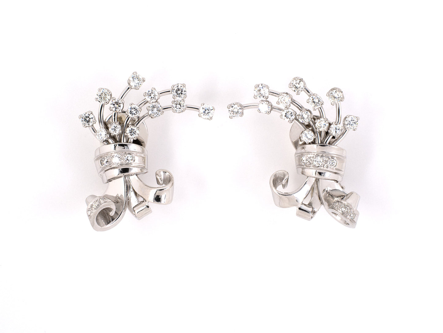 53571 - Circa 1950 Platinum Diamond Ribbon Earrings