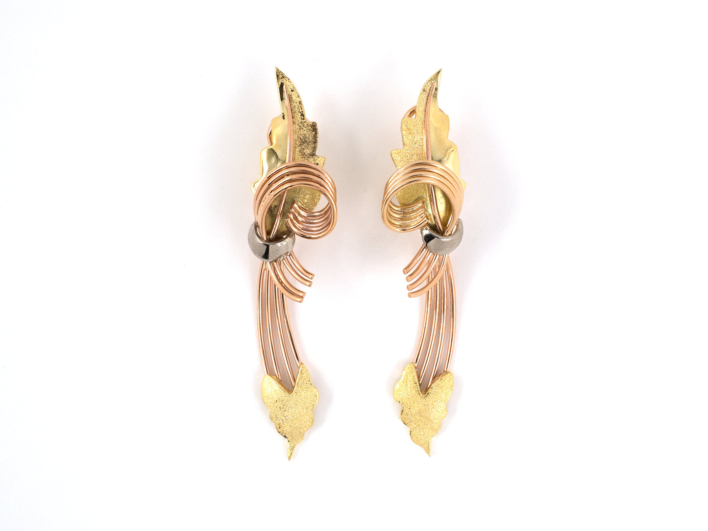 53577 - SOLD - Circa 1960 Gold Silver Argentina Wire Swirl Stippled Leaf Dangle Earrings