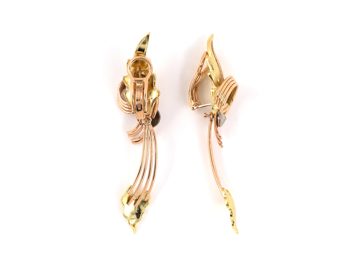 53577 - SOLD - Circa 1960 Gold Silver Argentina Wire Swirl Stippled Leaf Dangle Earrings