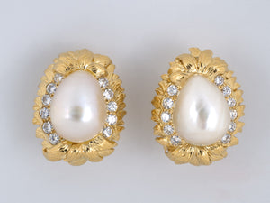 53590 - SOLD - Webb Gold Pearl Diamond Leaf Earrings