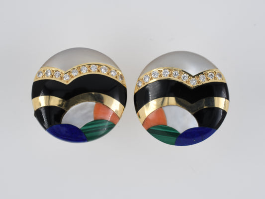 53610 - SOLD - Asch Grossbardt Gold Diamond Pearl Lapis Onyx Malachite Coral Button Earrings