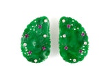 53672 - SOLD - Gold Platinum GIA Jadeite Diamond Ruby Leaf Earrings