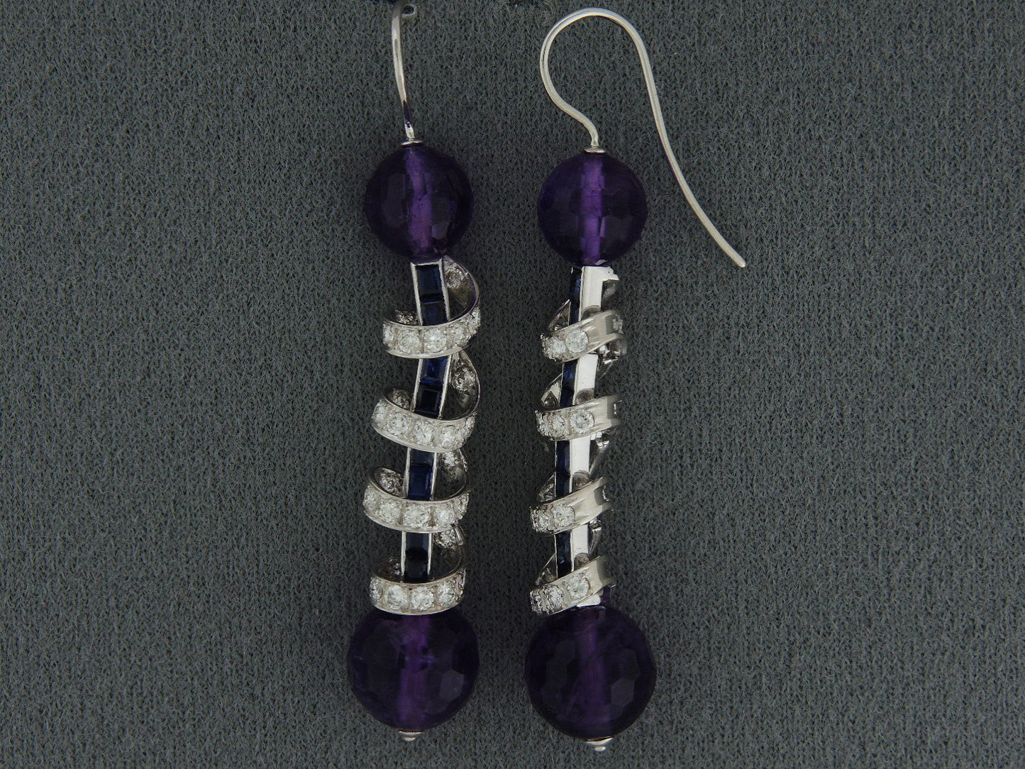 53692 - Platinum Amethyst Diamond Sapphire Barber Pole Dangle Earrings