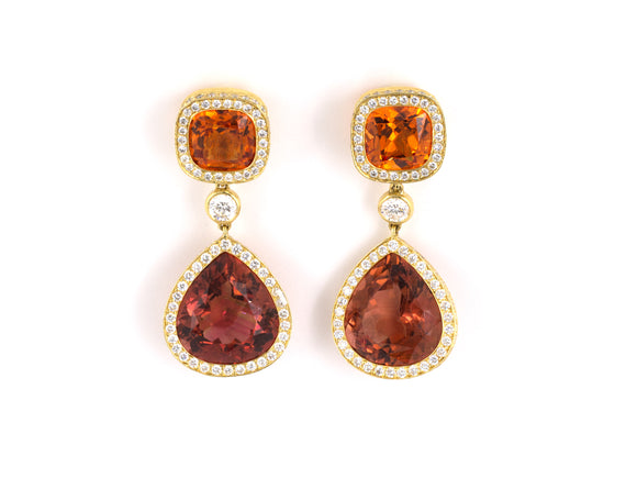 53727 - SOLD - Laura Munder Gold Mandarin Garnet Tourmaline Diamond Cluster Drop Earrings