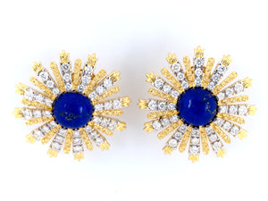 53756 - Circa 1980 Gold Lapis Diamond Sun Earrings