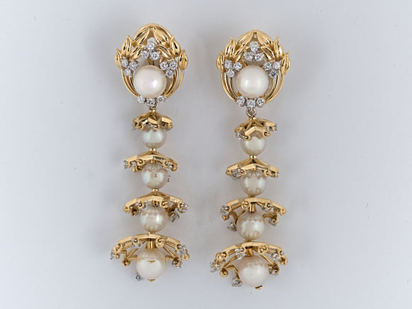 53781 - SOLD - Gold Platinum Pearl Diamond Floral Chandelier Drop Earrings