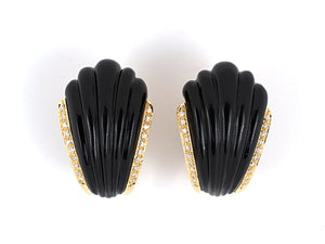 53792 - Gold Onyx Diamond Fluted Hoop Earrings