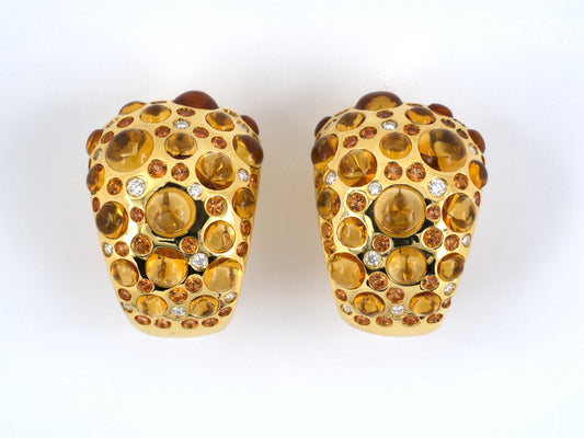 53901 - "Rodney Rayner" Gold Diamond Orange Sapphire Citrine Dome Hoop Earrings