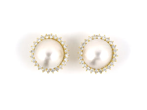 53927 - SOLD - Gold Diamond Mabe Pearl Cluster Earrings