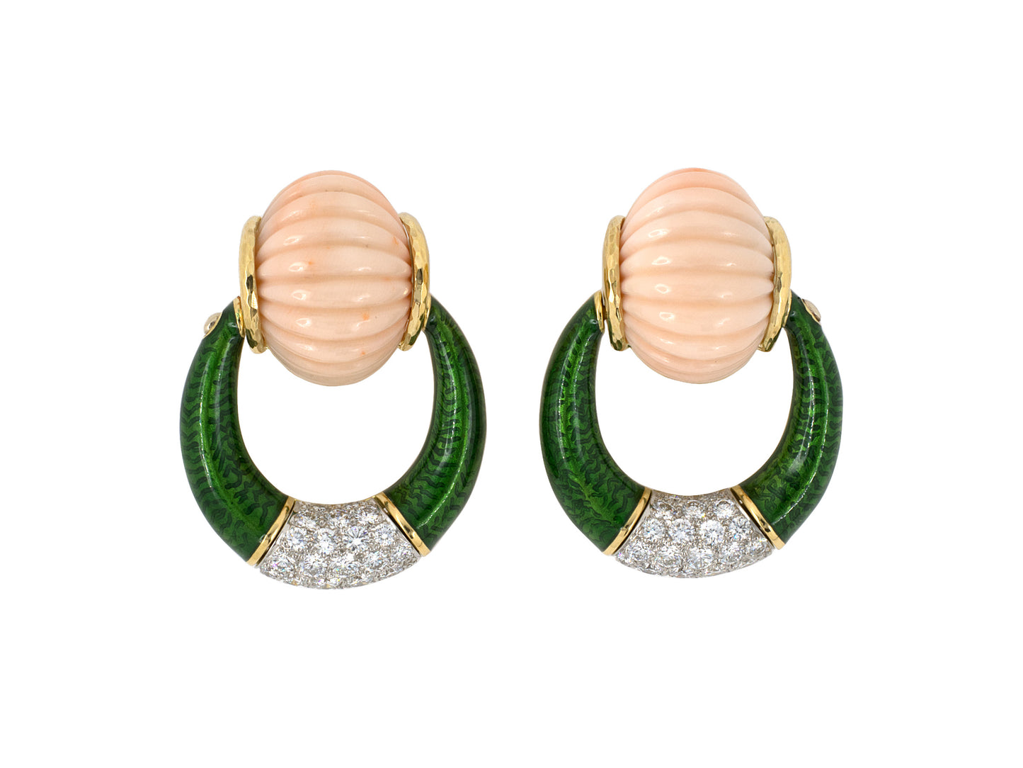 53941 - SOLD - Webb Circa 1970s Platinum Gold Diamond Green Enamel Coral Door Knocker Earrings