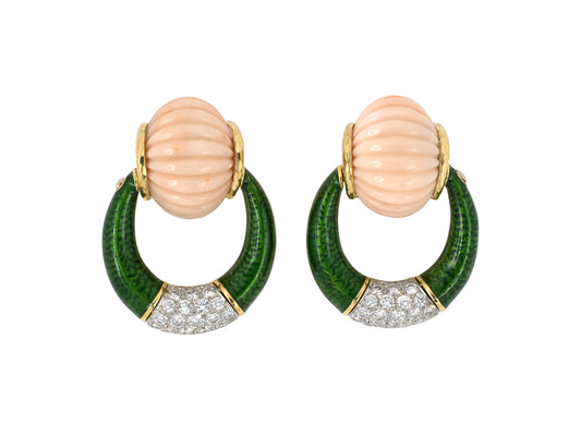 53941 - SOLD - Webb Circa 1970s Platinum Gold Diamond Green Enamel Coral Door Knocker Earrings