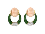 53941 - Webb Circa 1970s Platinum Gold Diamond Green Enamel Coral Door Knocker Earrings