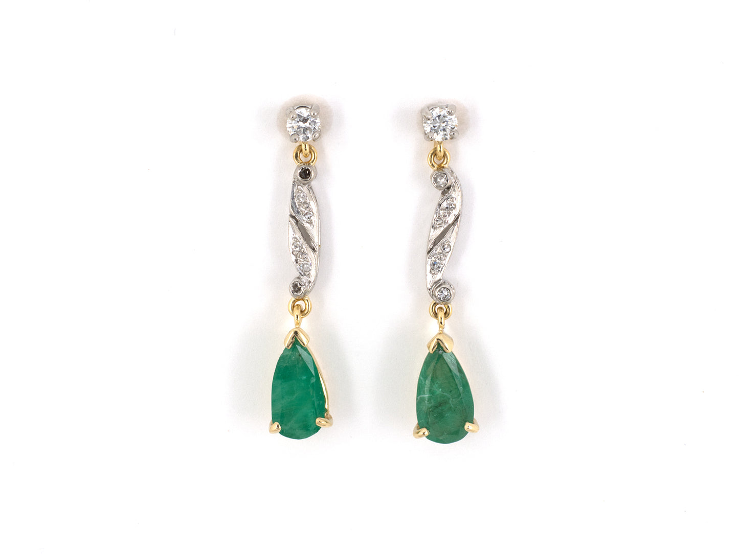 53947 - SOLD - Platinum Gold Diamond Emerald Dangle Drop Earrings