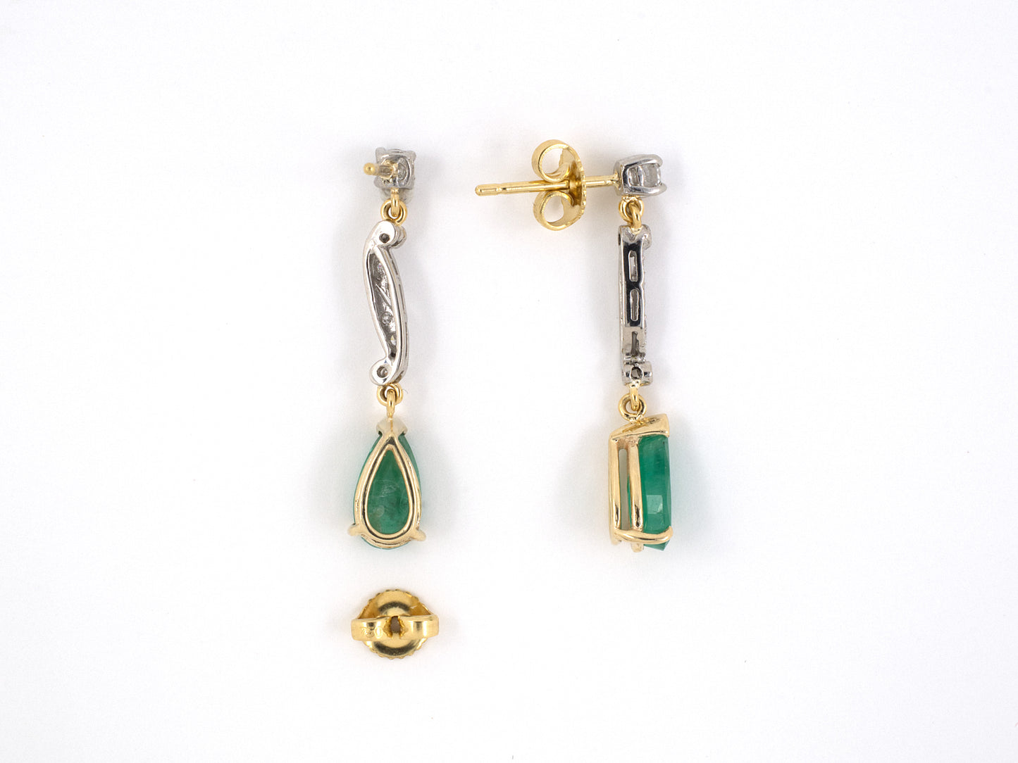 53947 - SOLD - Platinum Gold Diamond Emerald Dangle Drop Earrings