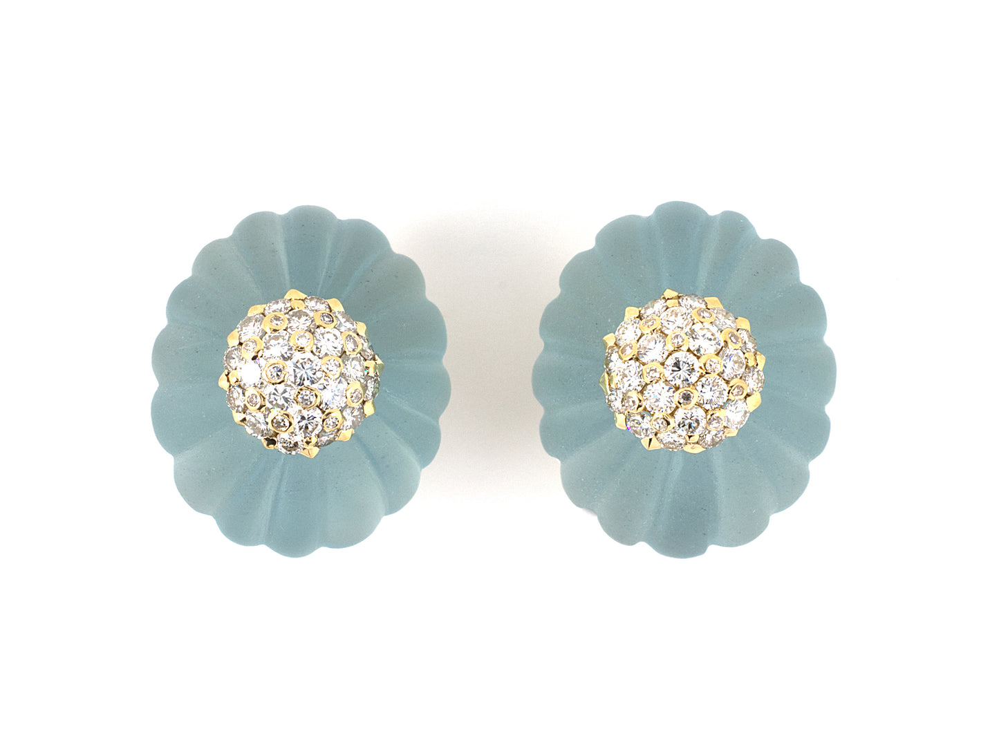 53950 - SOLD - France Gold Aqua Diamond Cluster Center Earrings