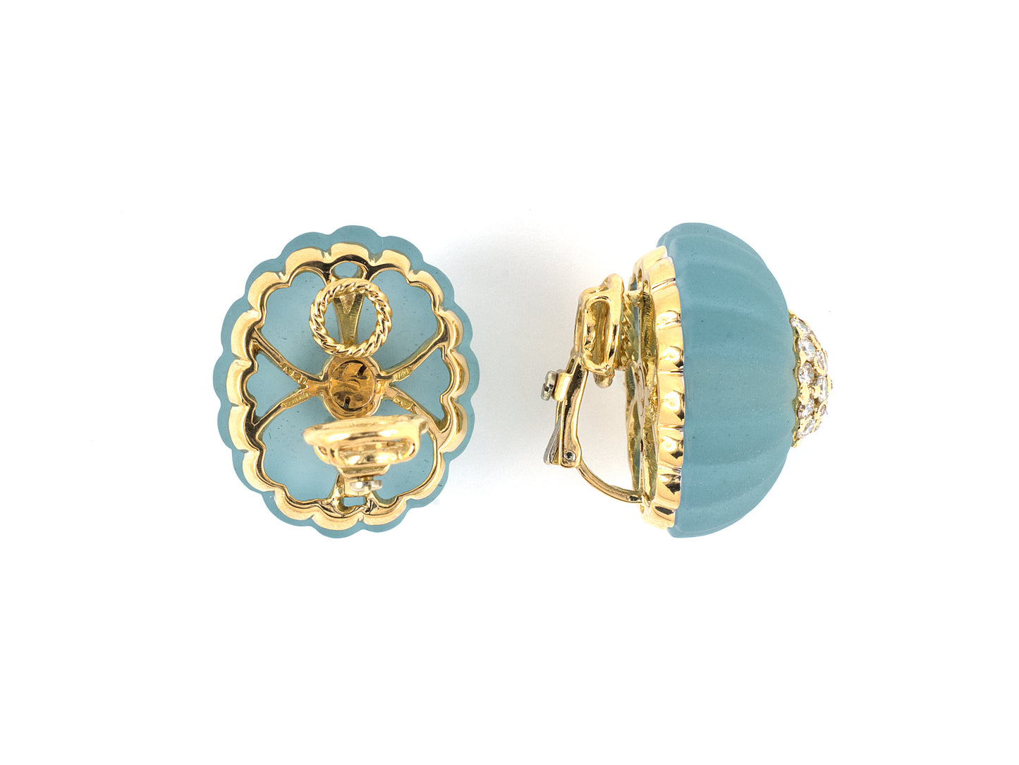 53950 - SOLD - France Gold Aqua Diamond Cluster Center Earrings