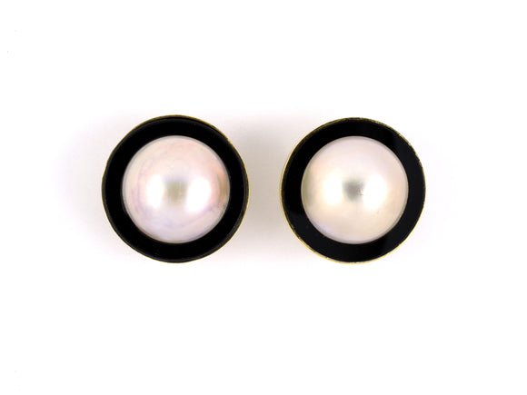 53976 - SOLD - Cellino Gold Onyx Mabe Pearl Round Button Earrings