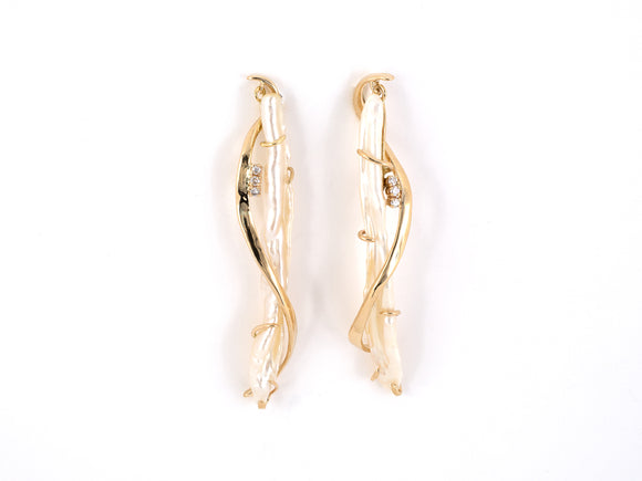 53985 - SOLD - Gold Diamond Stick Pearl Dangle Drop Earrings