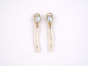 53986 - SOLD - Gold Baroque Stick Pearl Dangle Drop Earrings