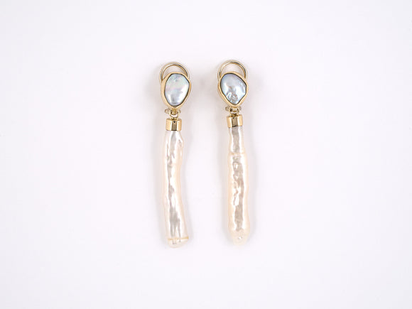 53986 - SOLD - Gold Baroque Stick Pearl Dangle Drop Earrings