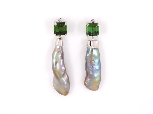53987 - SOLD - Gold Diamond Green Tourmaline Stick Pearl Dangle Drop Earrings