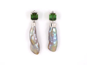 53987 - Gold Diamond Green Tourmaline Stick Pearl Dangle Drop Earrings