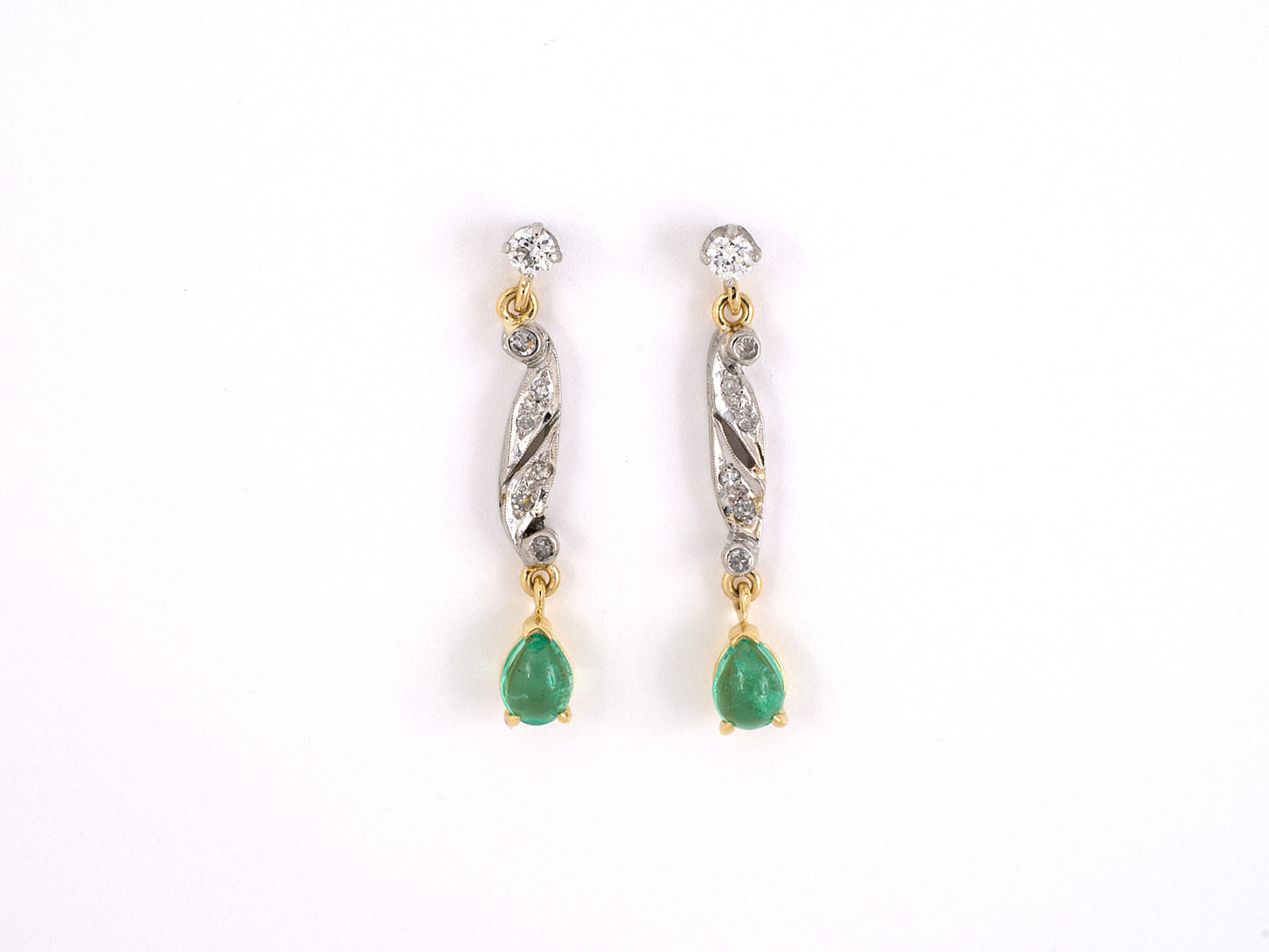 53998 - SOLD - Platinum Gold Diamond Emerald Dangle Drop Earrings