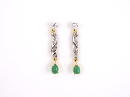 53998 - SOLD - Platinum Gold Diamond Emerald Dangle Drop Earrings