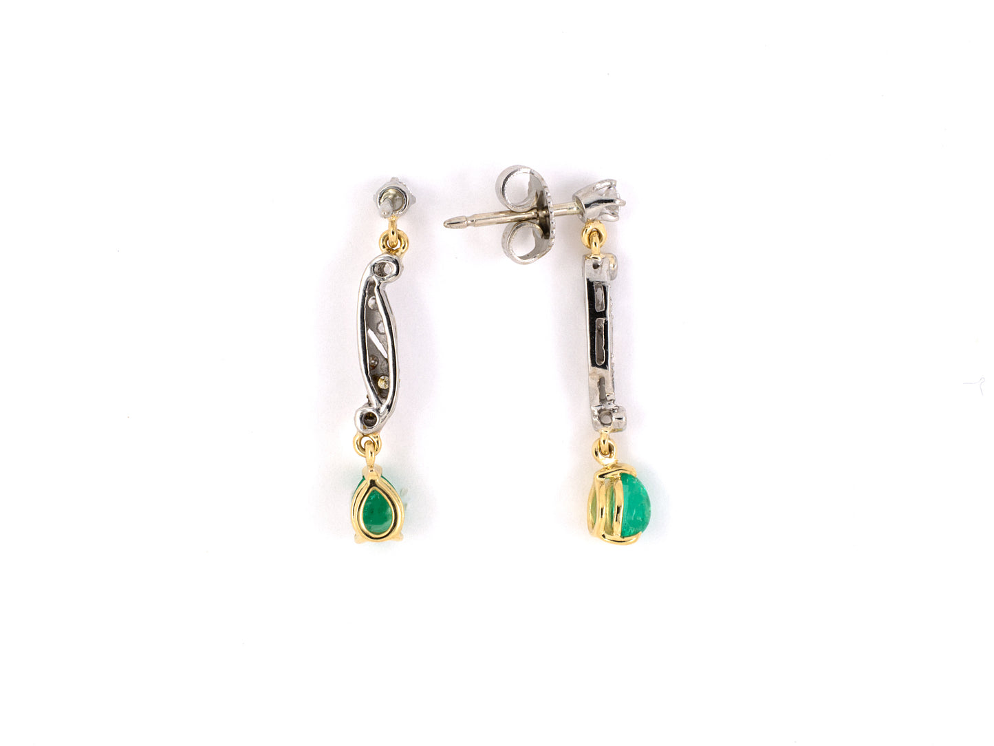 53998 - SOLD - Platinum Gold Diamond Emerald Dangle Drop Earrings