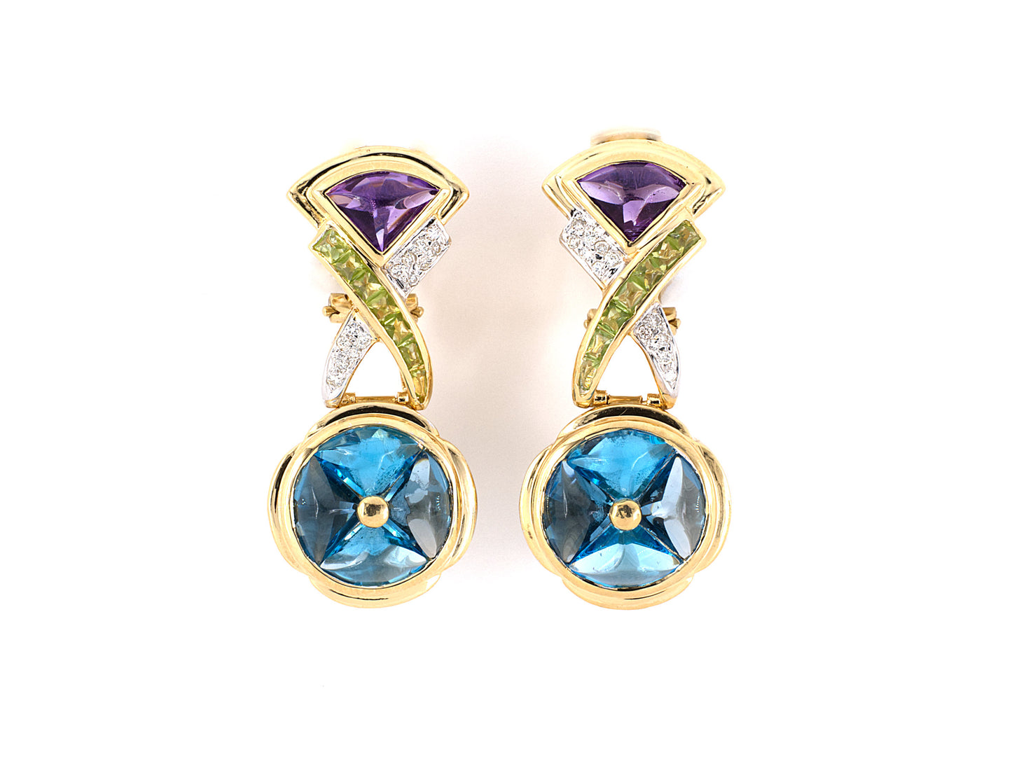 54002 - SOLD - Gold Diamond Blue Topaz Amethyst Drop Earrings