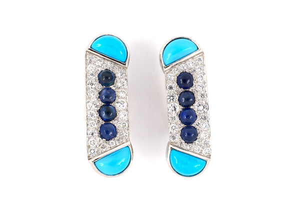 54003 - Platinum Turquoise Diamond Cabochon Sapphire Drop Earrings