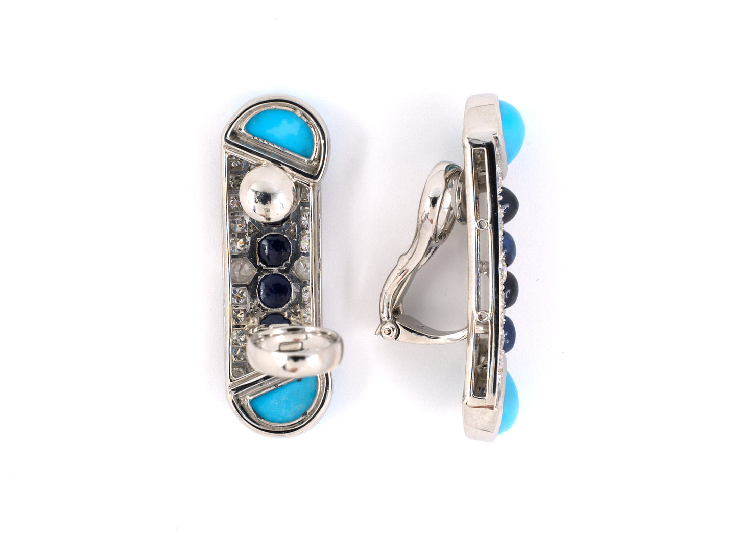 54003 - Platinum Turquoise Diamond Cabochon Sapphire Drop Earrings
