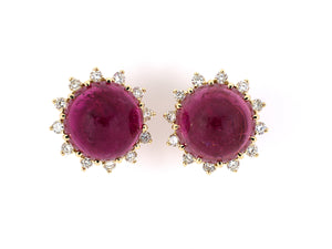 54010 - SOLD - Gold Diamond Cabochon Rubellite Earrings