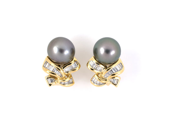 54013 - SOLD - Gold Diamond Tahitian Pearl Earrings