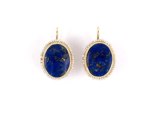 54022 - SOLD - Italy Gold Lapis Seed Pearl Oval Shape Cluster Earrings