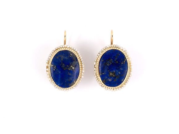 54022 - Italy Gold Lapis Seed Pearl Oval Shape Cluster Earrings