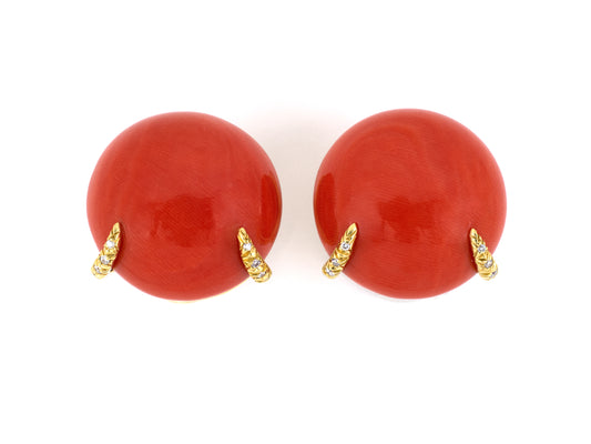 54027 - SOLD - Henry Dunay Gold Coral Diamond Button Style Earrings