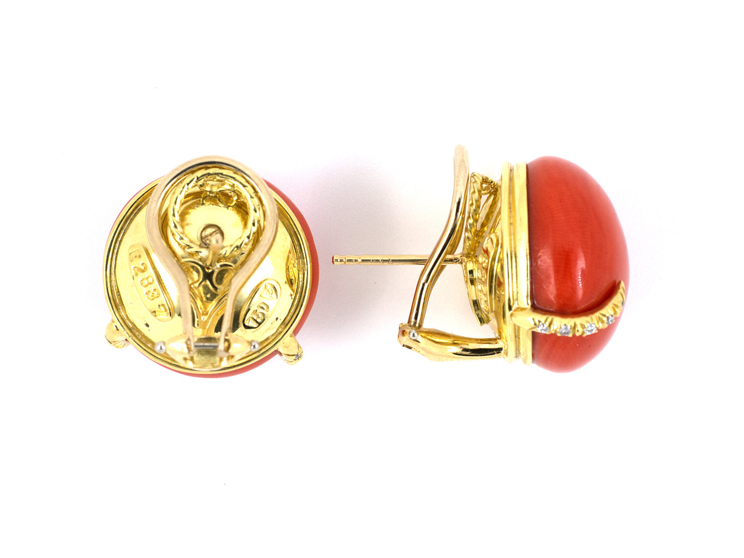 54027 - SOLD - Henry Dunay Gold Coral Diamond Button Style Earrings