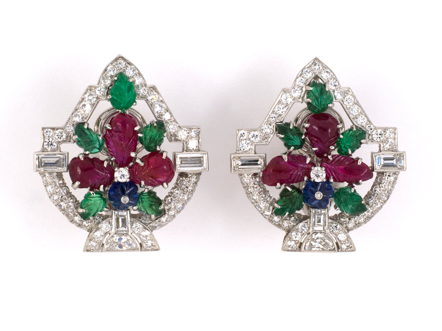 54033 - SOLD - Art Deco Platinum Diamond Carved Ruby Emerald Sapphire Tutti Frutti Earrings